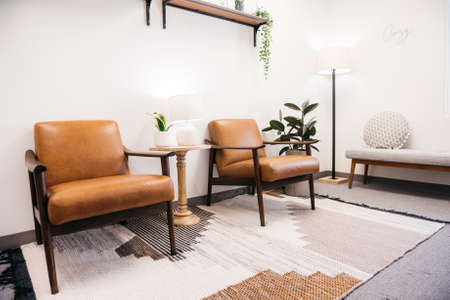 167618888 brown chairs with lamps and house plants with decorations on a white wall in the living room
